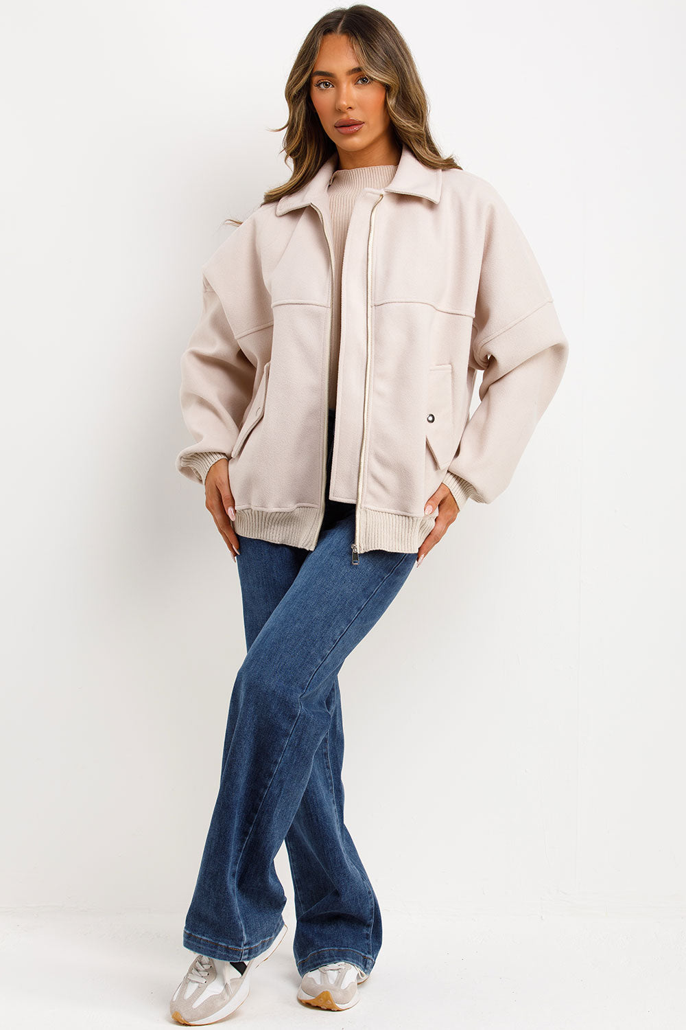 Soft Oversize Bomber Jacket with Collar Beige | Xtralitty