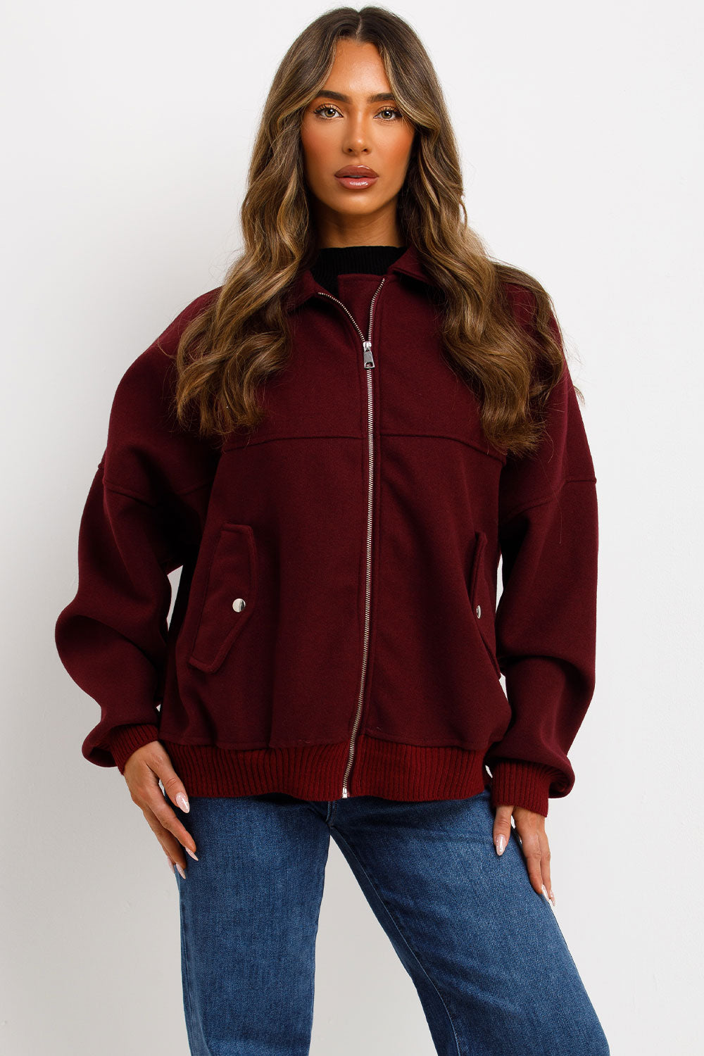 Soft Oversize Bomber Jacket with Collar Burgundy | Xtralitty