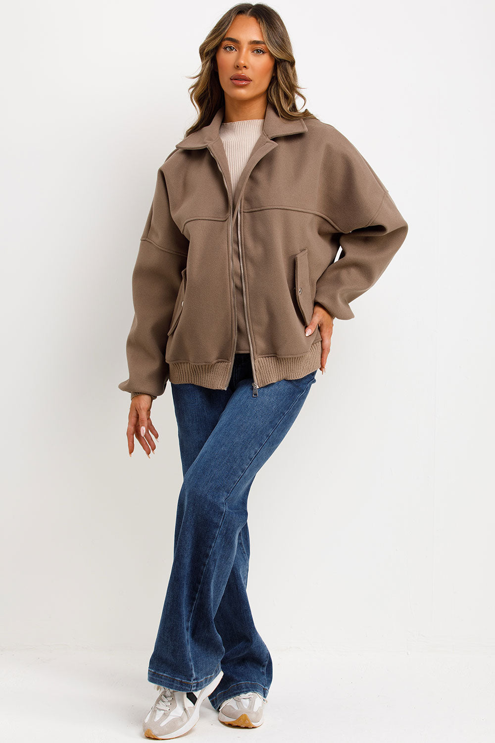 Soft Oversize Bomber Jacket with Collar Taupe | Xtralitty