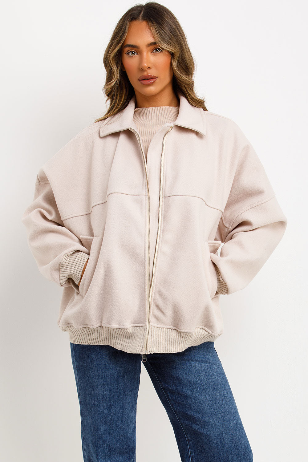 Soft Oversize Bomber Jacket with Collar Beige | Xtralitty
