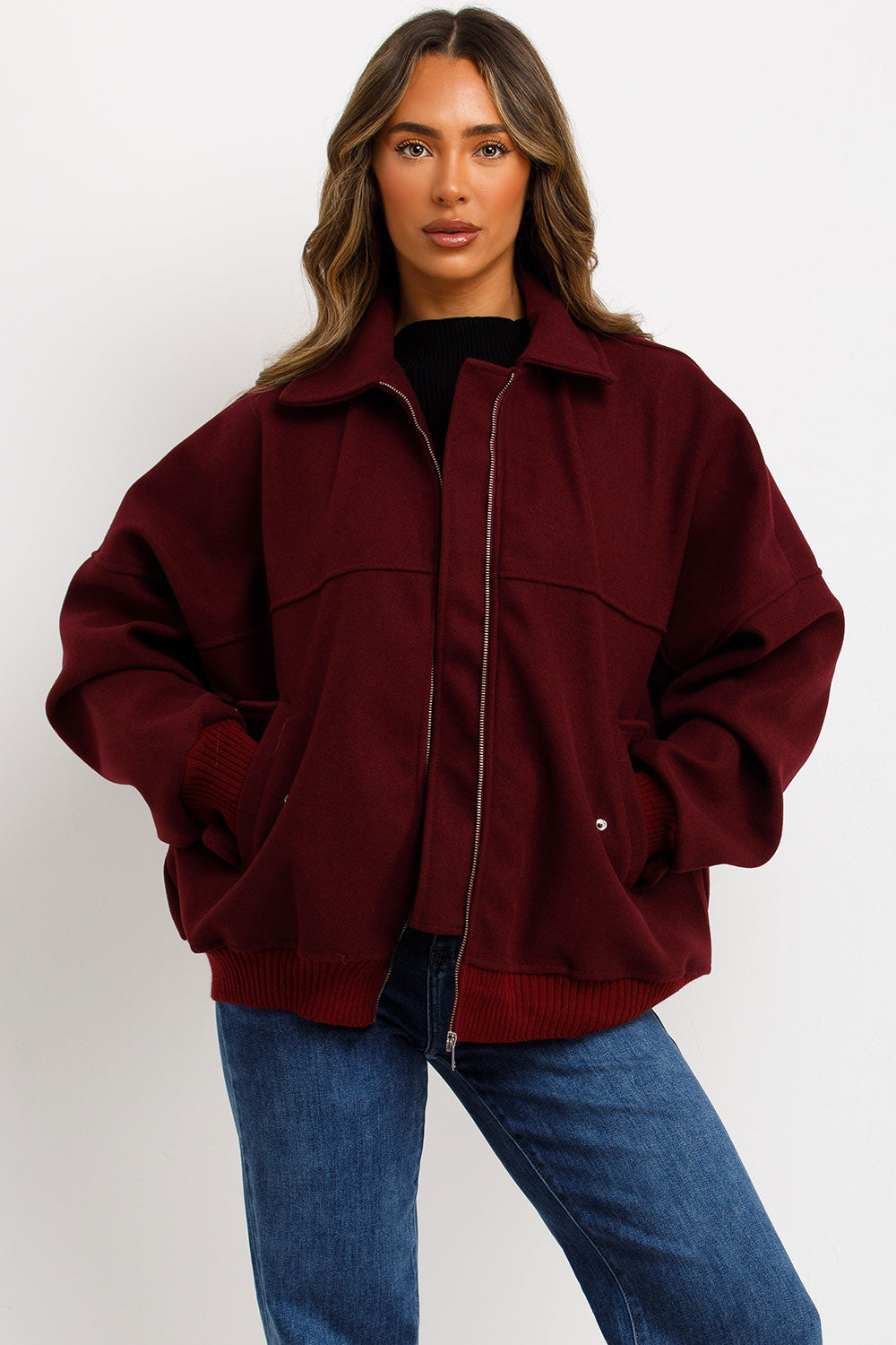 Soft Oversize Bomber Jacket with Collar Burgundy | Xtralitty