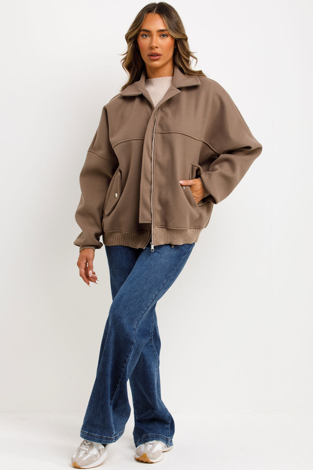 Soft Oversize Bomber Jacket with Collar Taupe | Xtralitty