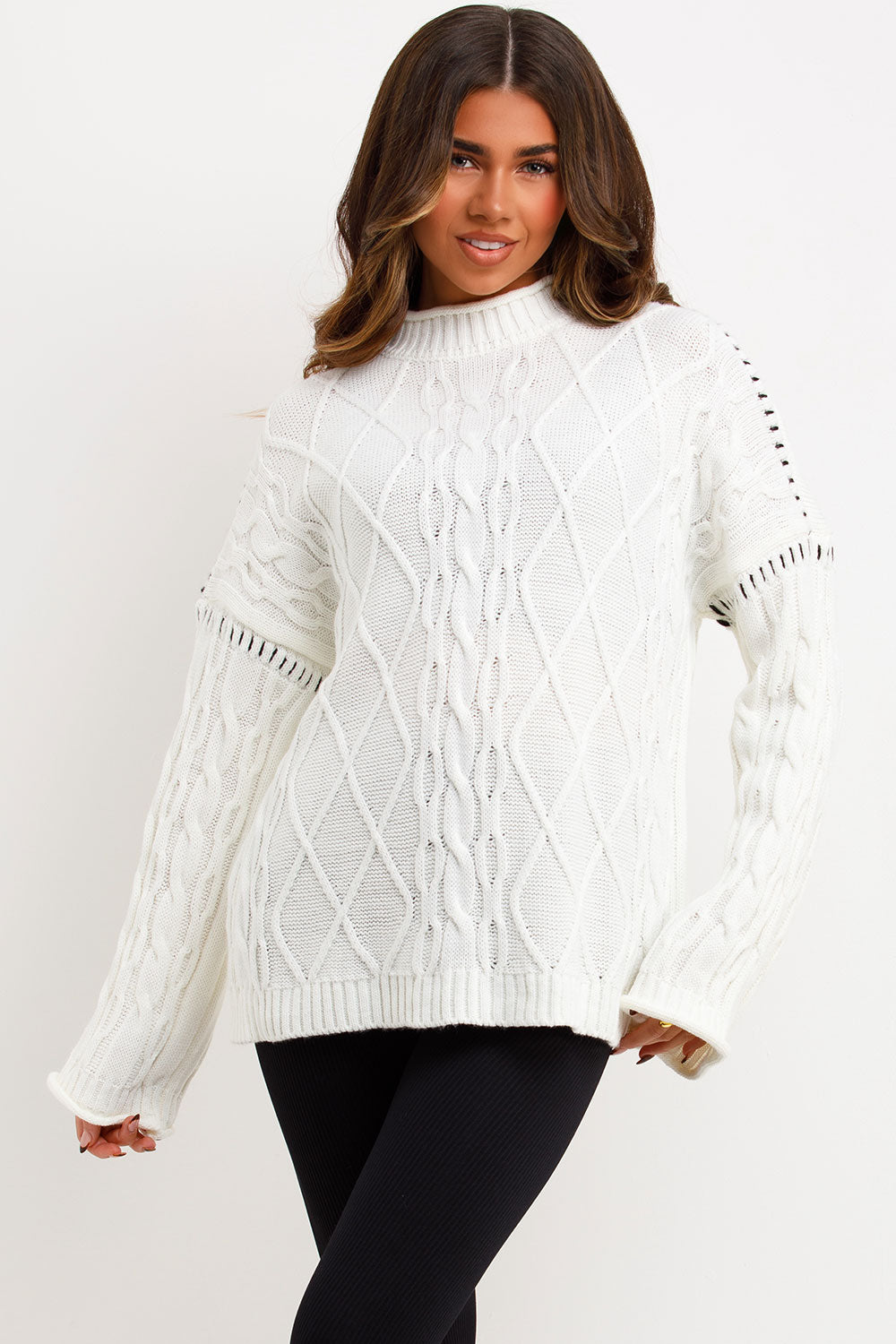 Knitted Jumper with Contrast Stitch Detail Cream | Xtralitty