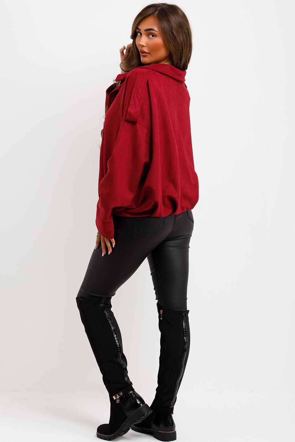 Faux Suede Bomber Jacket with Tabs Burgundy | Xtralitty