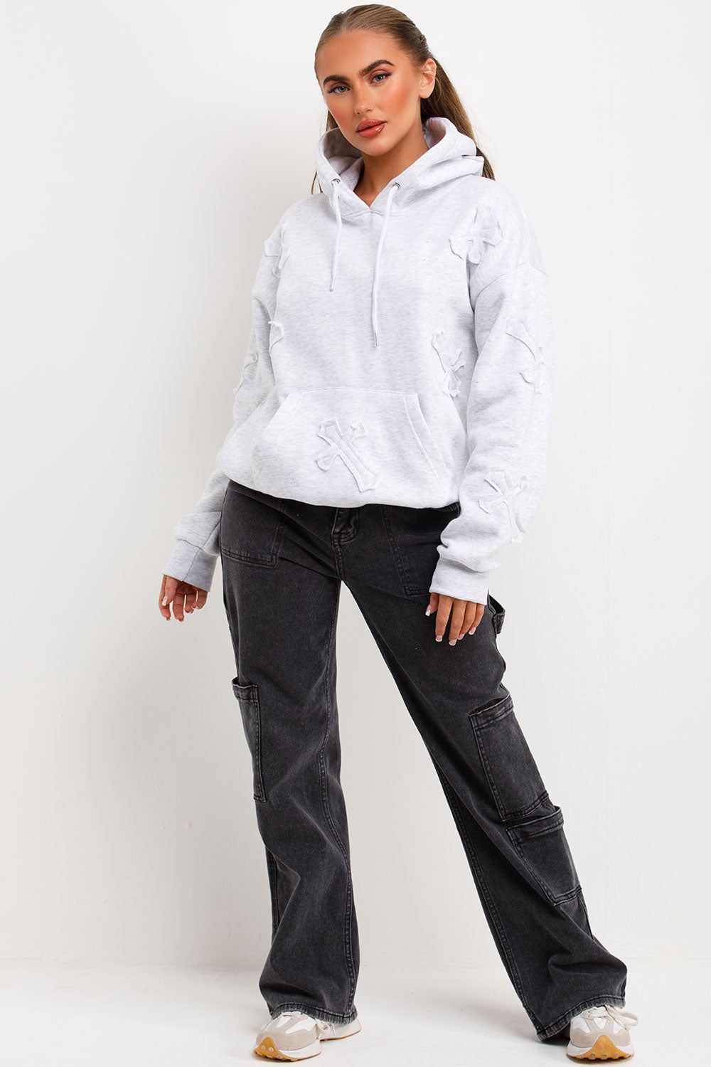 Hoodie with Cross Applique Embroidery Grey Marl | Xtralitty