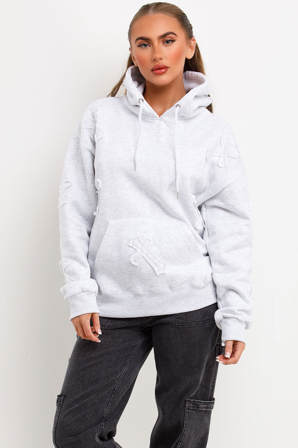 Hoodie with Cross Applique Embroidery Grey Marl | Xtralitty