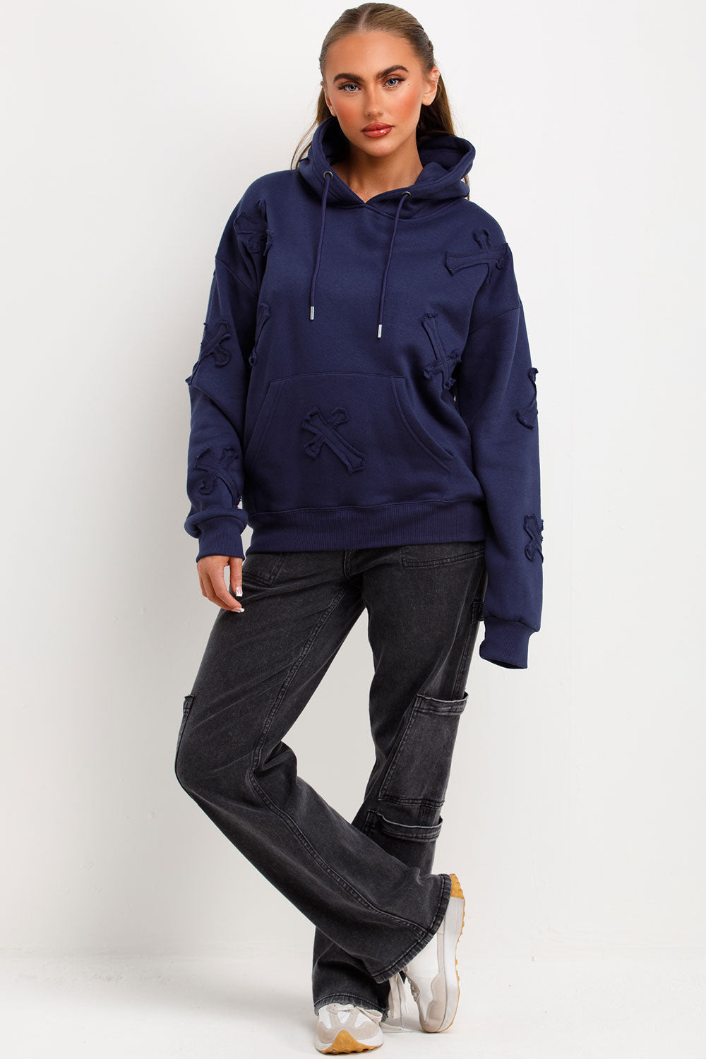 Hoodie with Cross Applique Embroidery Navy | Xtralitty