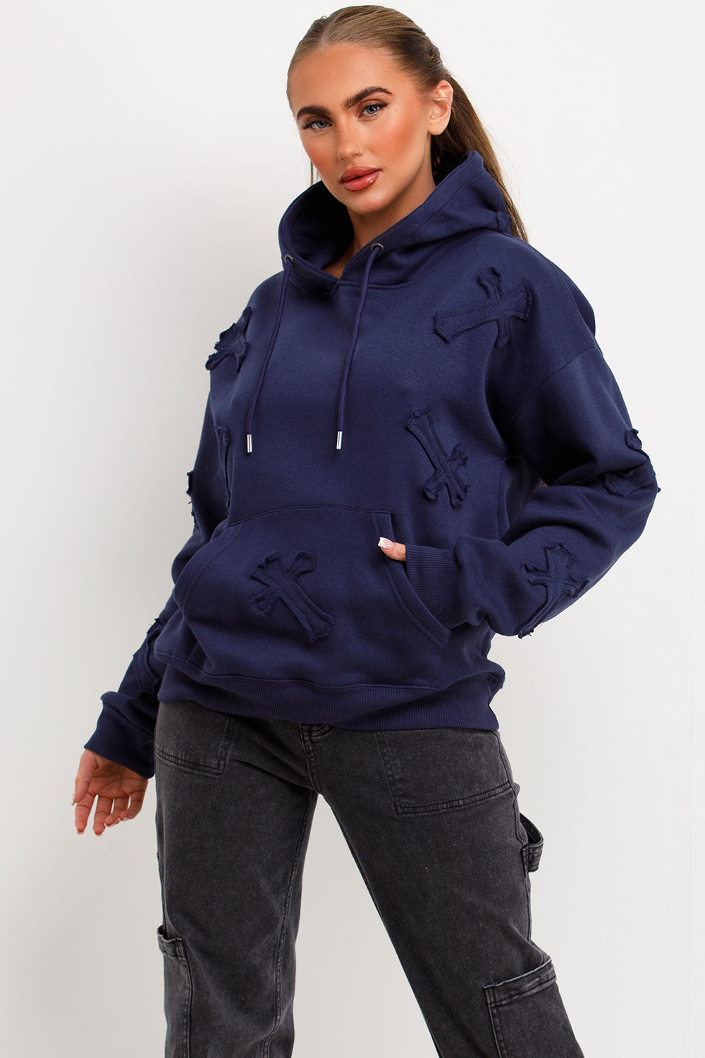 Hoodie with Cross Applique Embroidery Navy | Xtralitty