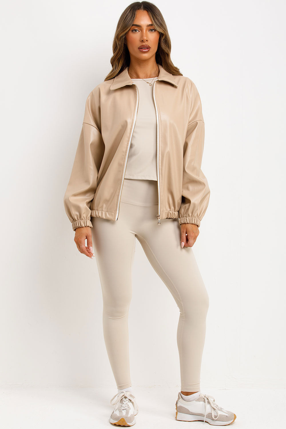 Faux Leather Bomber Jacket Beige | Xtralitty