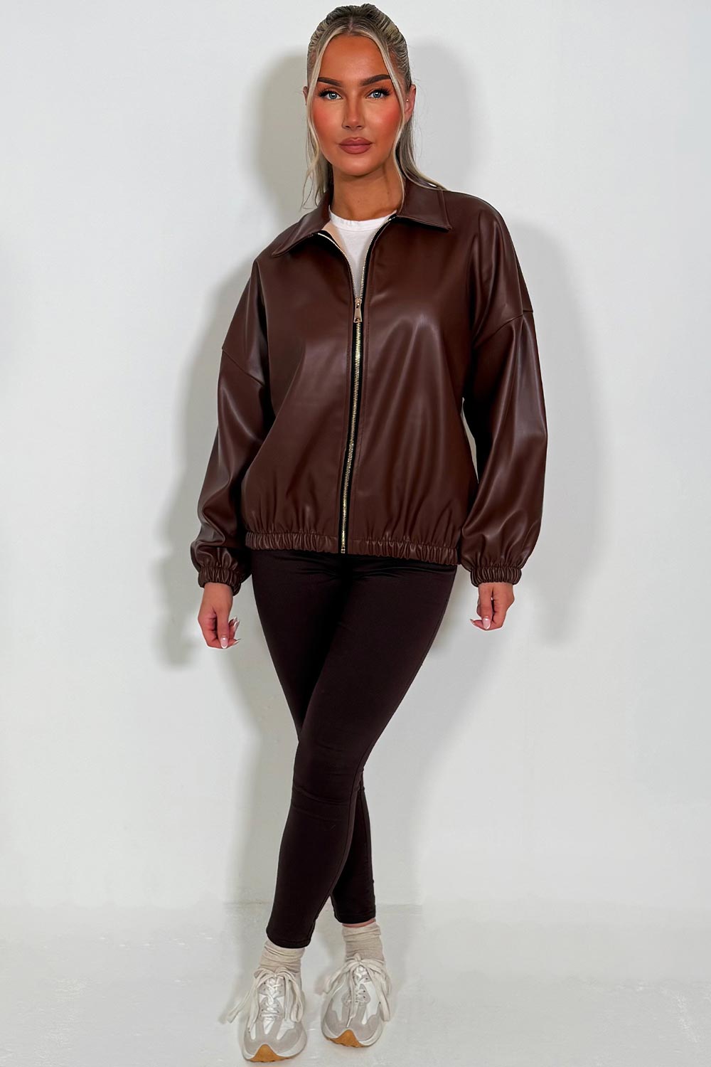 Faux Leather Bomber Jacket Brown | Xtralitty