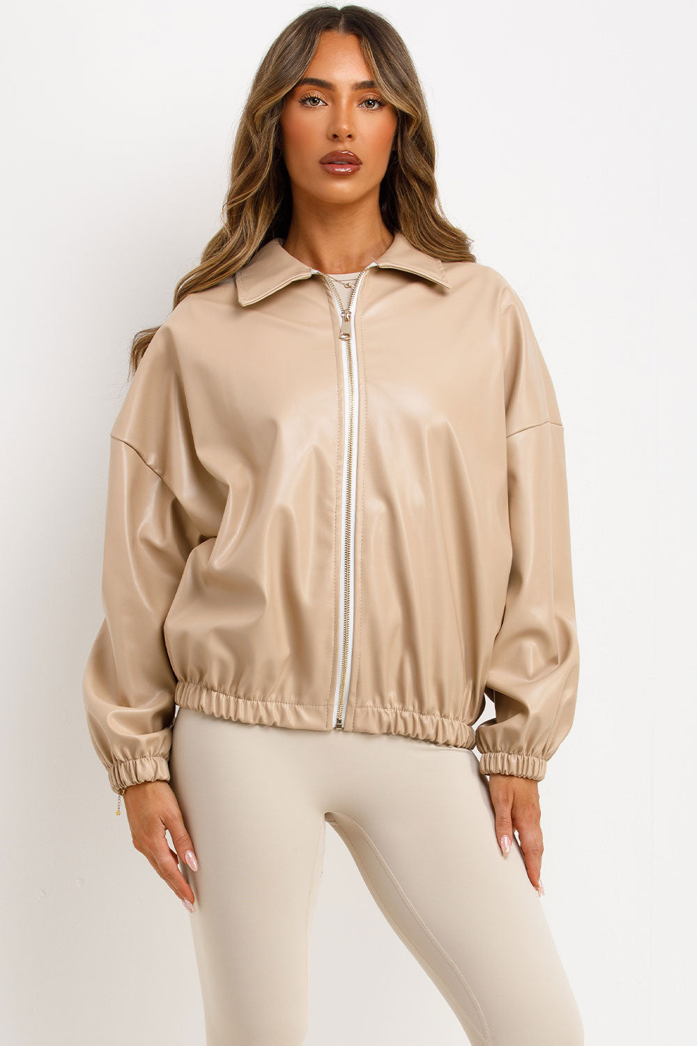 Faux Leather Bomber Jacket Beige | Xtralitty