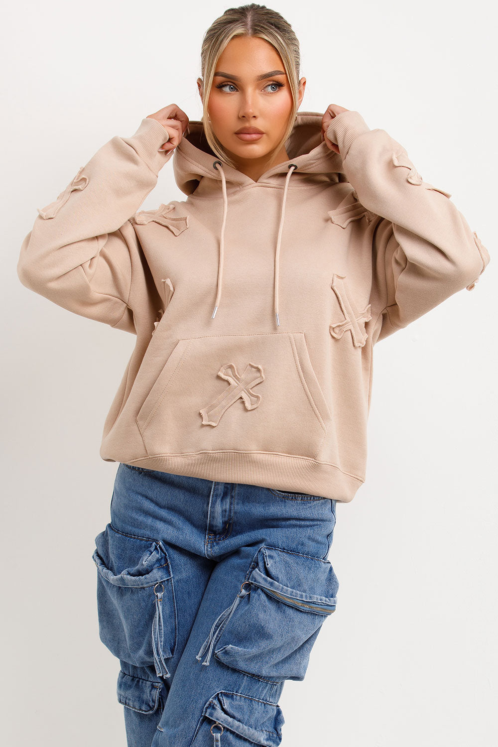 Hoodie with Cross Applique Embroidery Beige | Xtralitty
