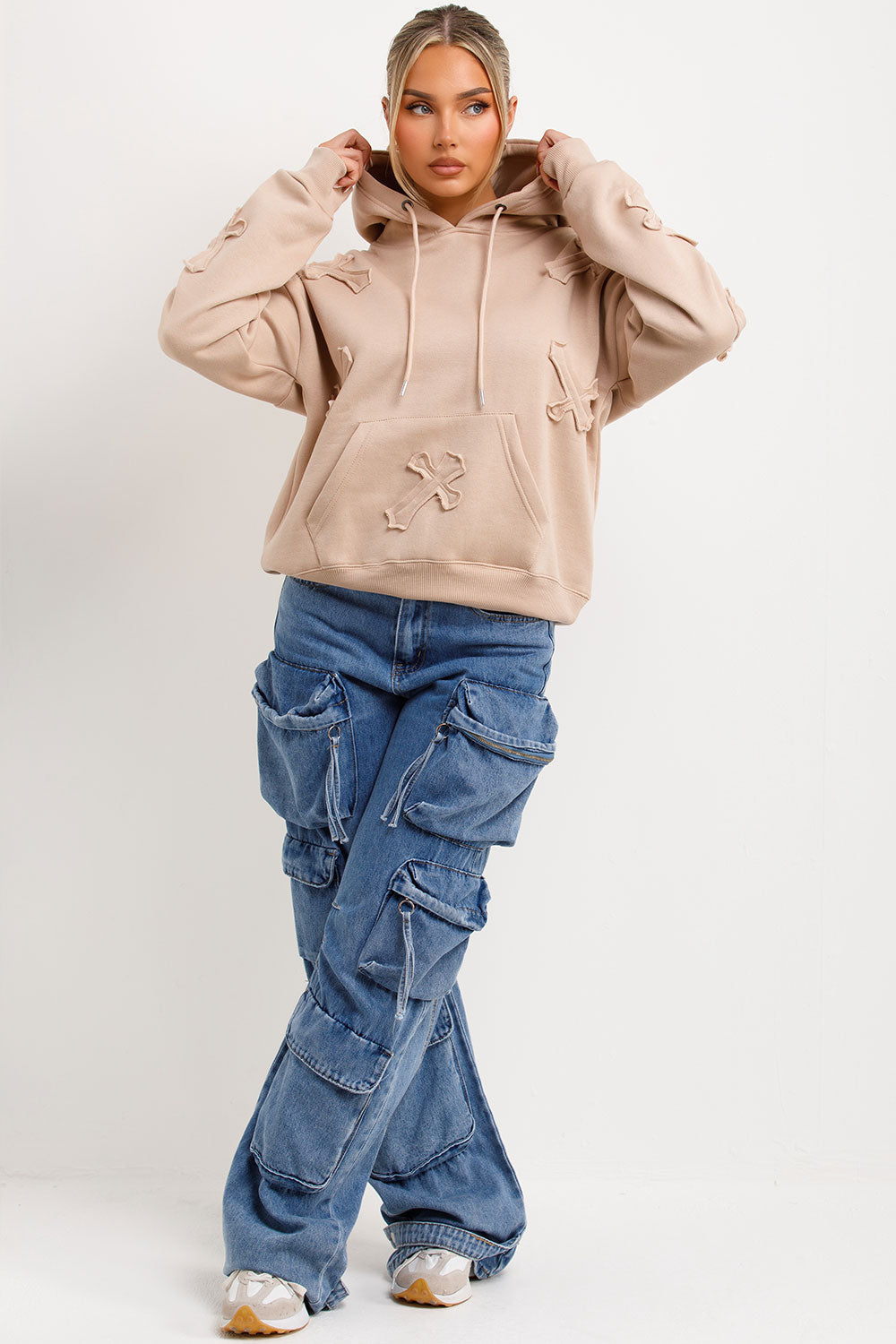 Hoodie with Cross Applique Embroidery Beige | Xtralitty