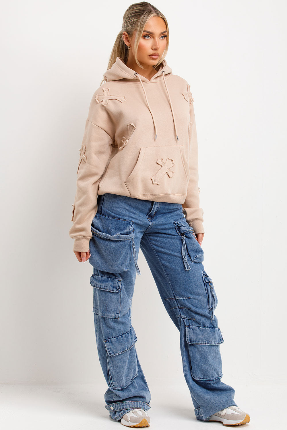 Hoodie with Cross Applique Embroidery Beige | Xtralitty