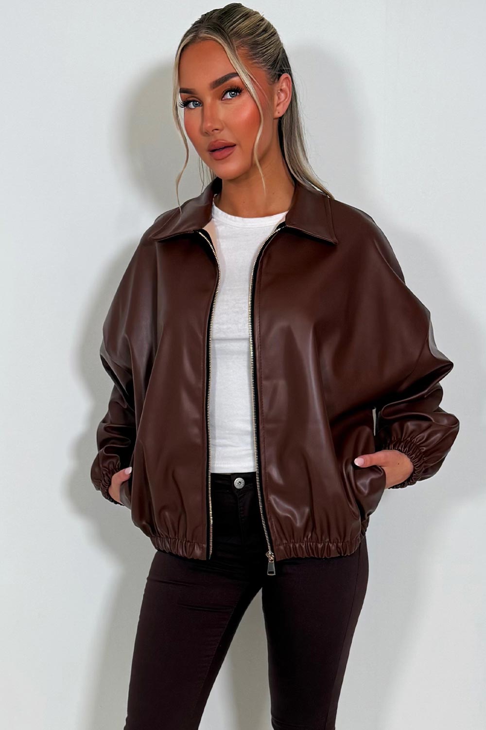 Faux Leather Bomber Jacket Brown | Xtralitty