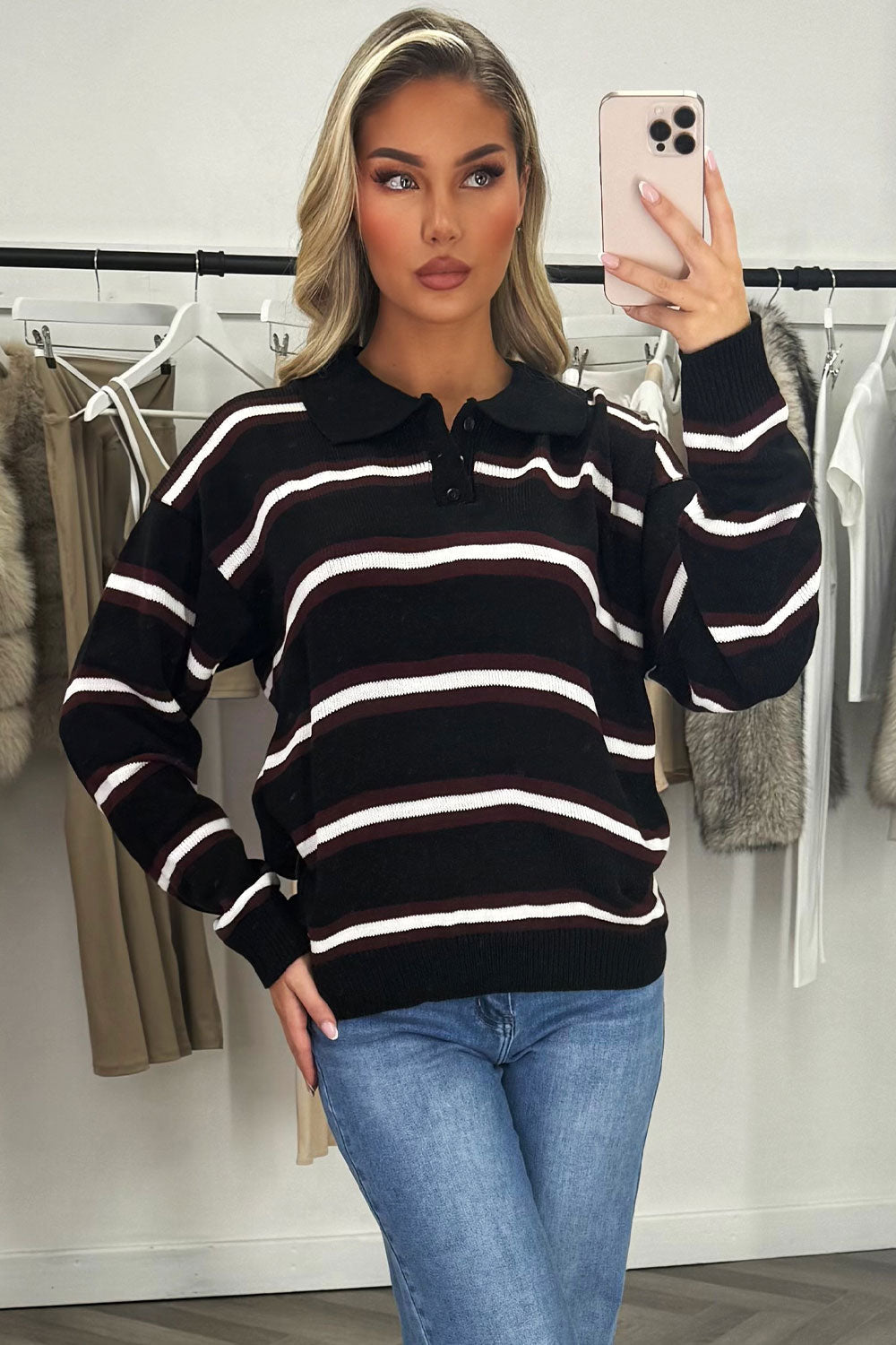 Stripe Knitted Rugby Polo Jumper Black Top | Xtralitty