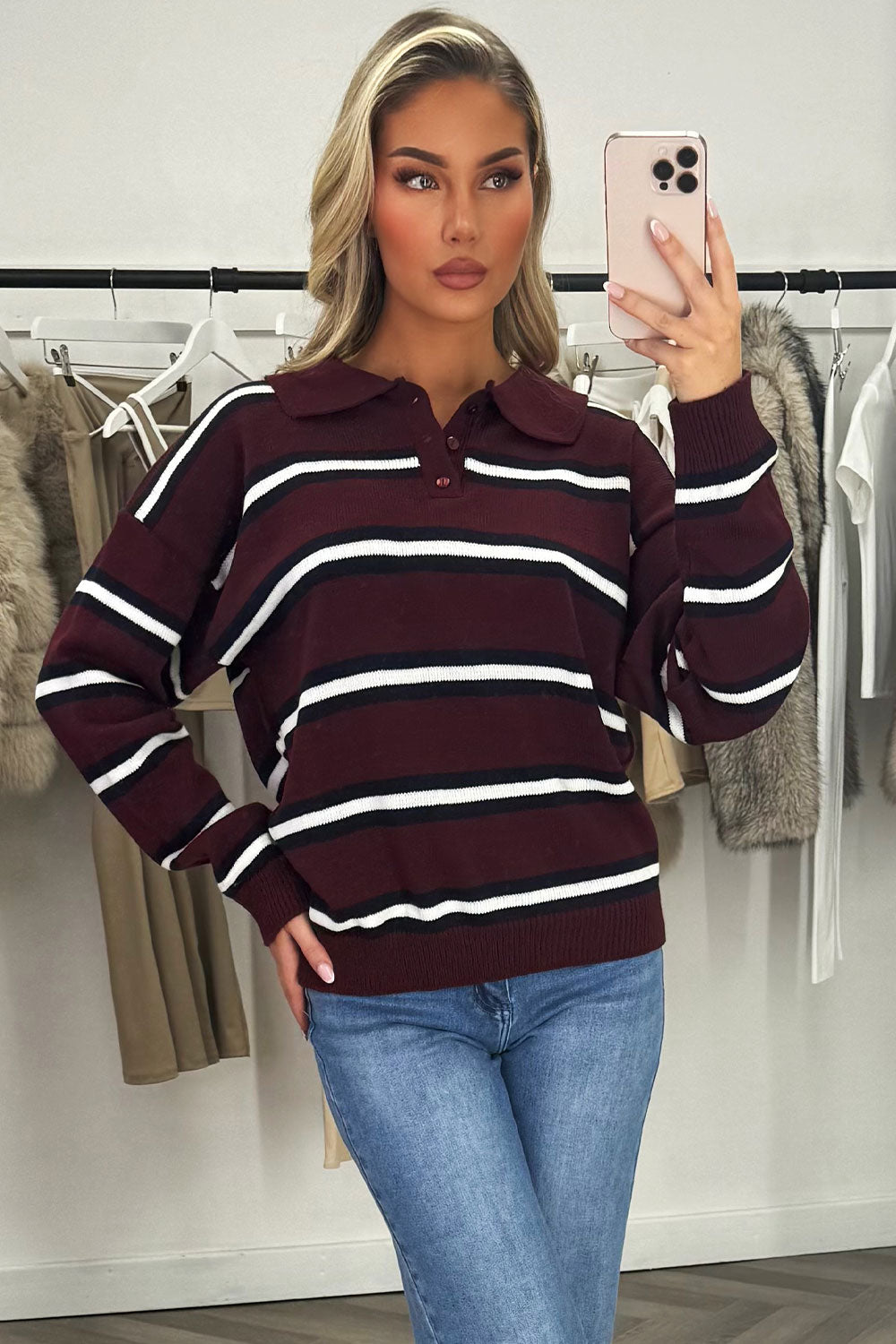 Stripe Knitted Rugby Polo Jumper Burgundy Top | Xtralitty