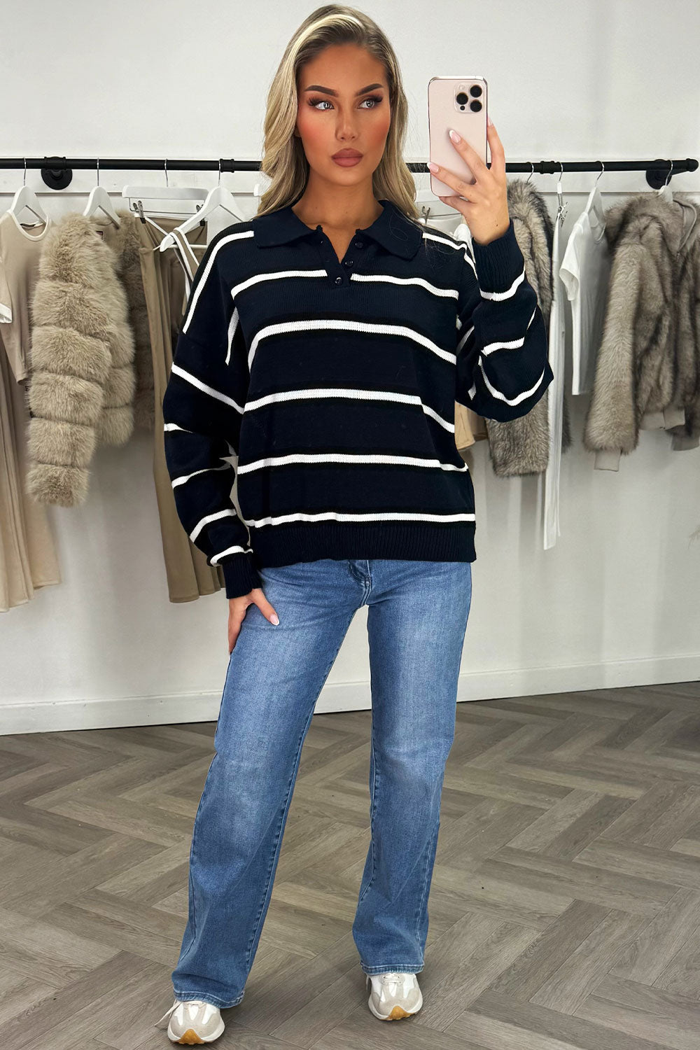 Stripe Knitted Rugby Polo Jumper Navy Top | Xtralitty