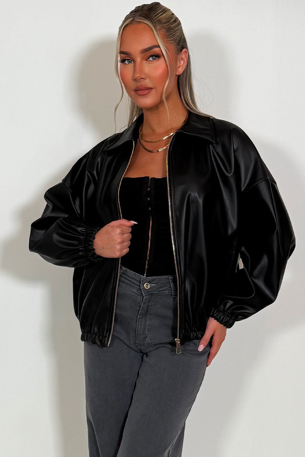 Black Faux Leather Bomber Jacket | Xtralitty