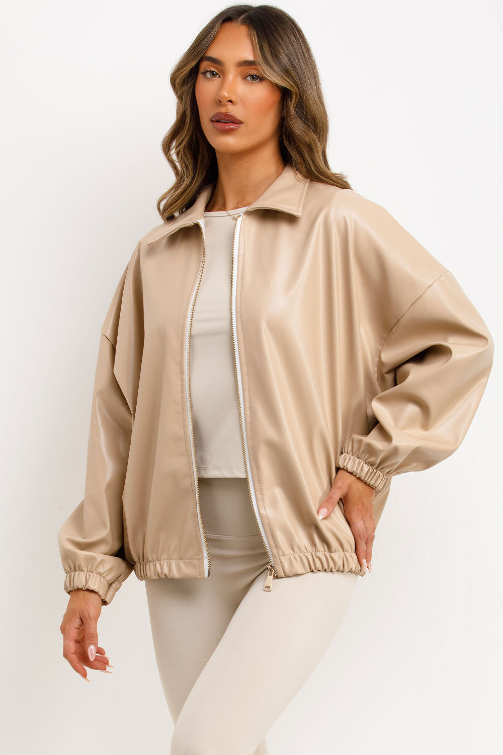 Faux Leather Bomber Jacket Beige | Xtralitty