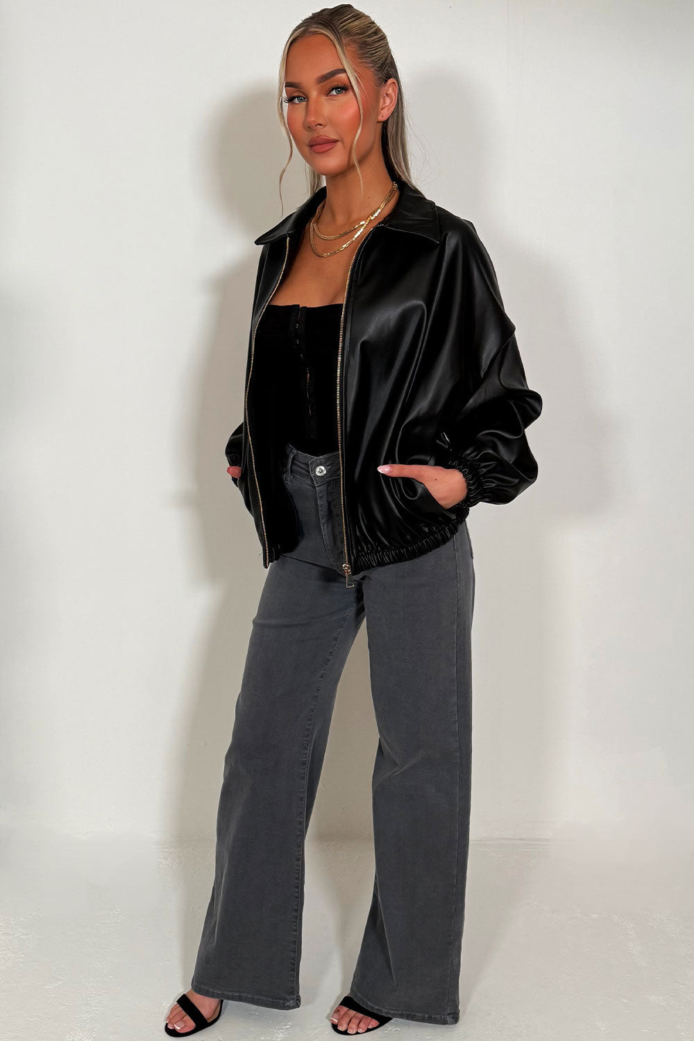 Black Faux Leather Bomber Jacket | Xtralitty