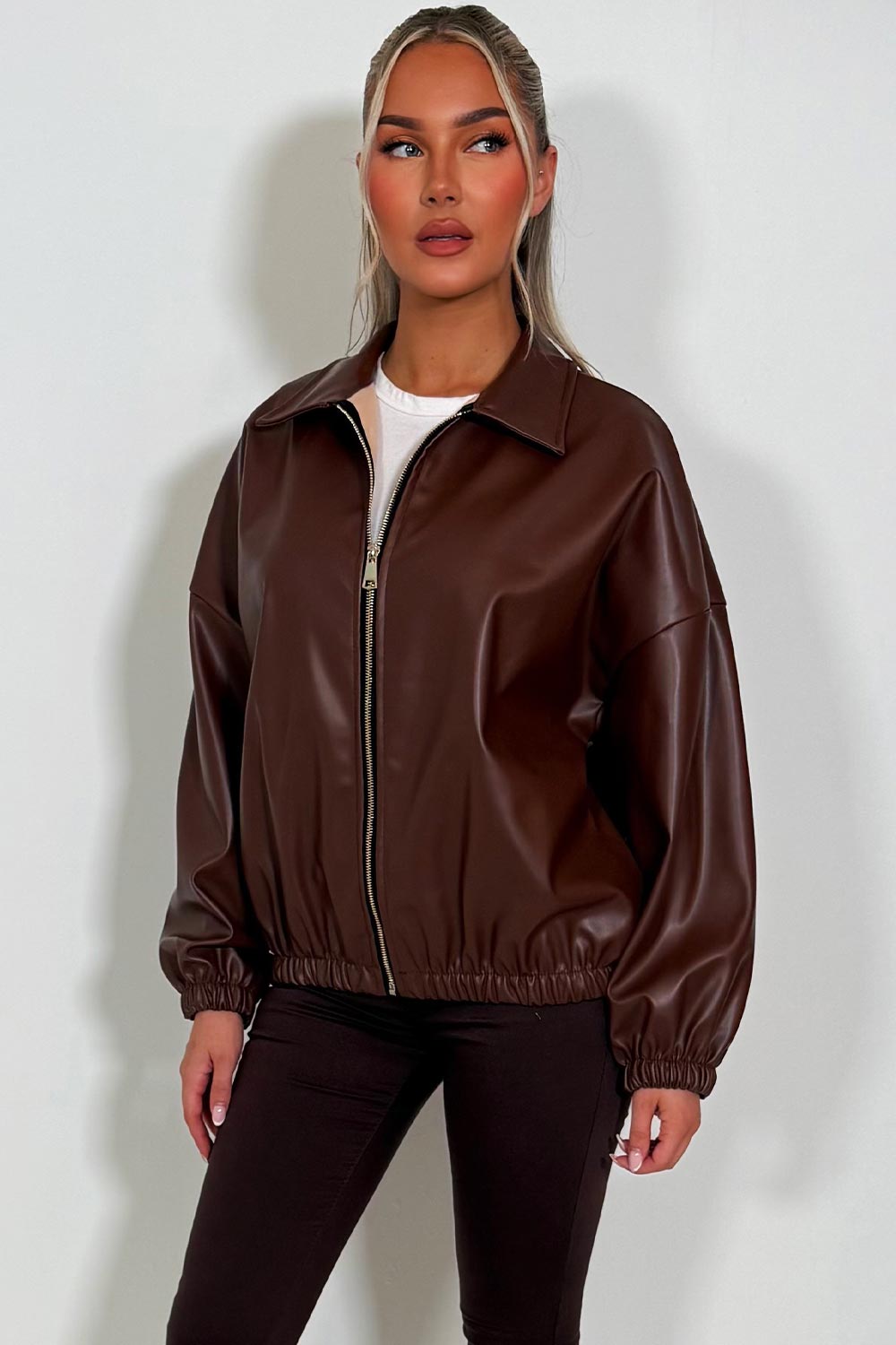 Faux Leather Bomber Jacket Brown | Xtralitty