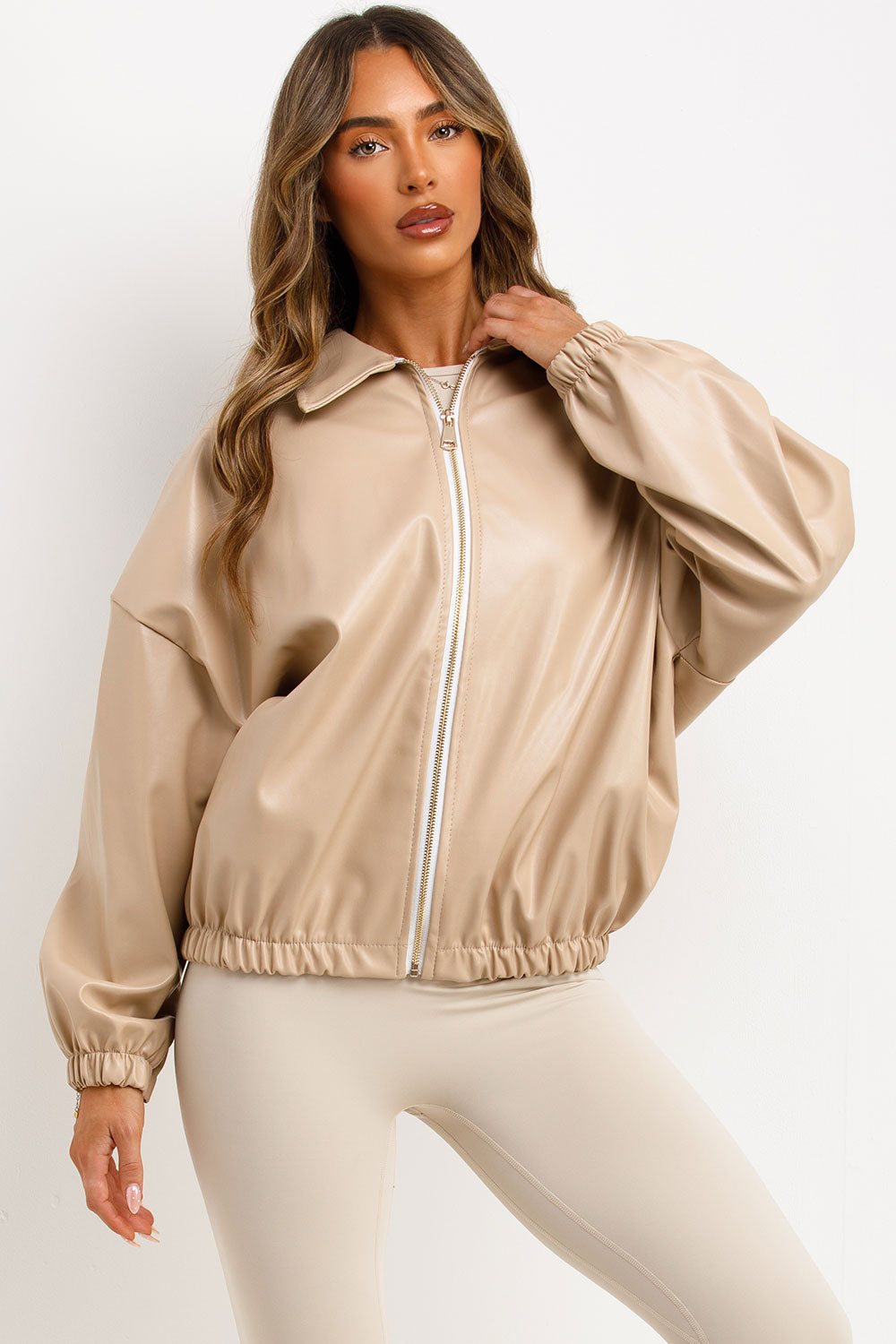 Faux Leather Bomber Jacket Beige | Xtralitty