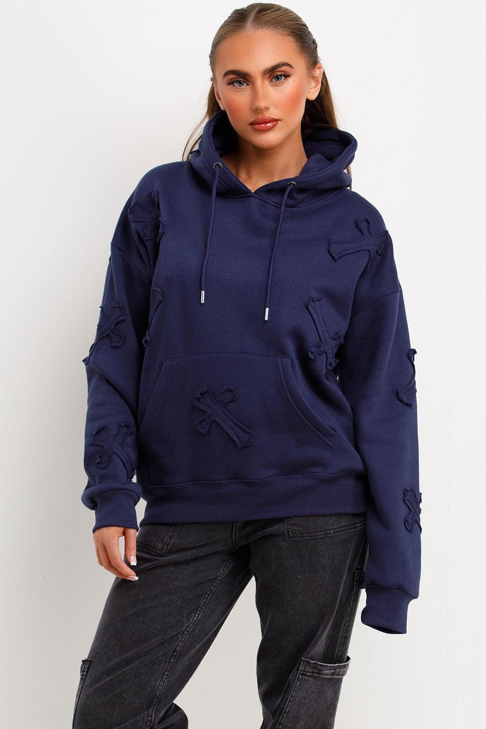 Hoodie with Cross Applique Embroidery Navy | Xtralitty