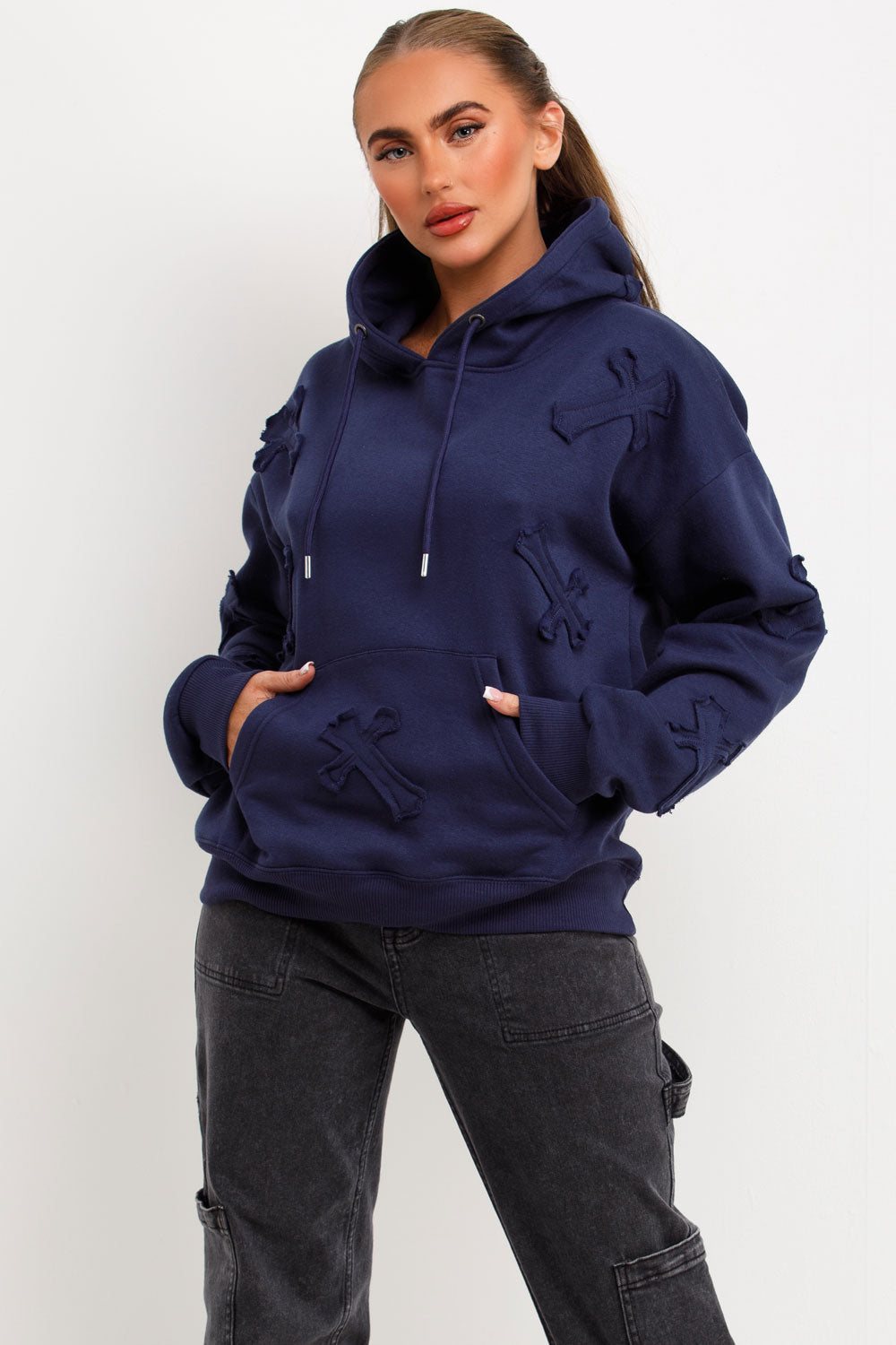 Hoodie with Cross Applique Embroidery Navy | Xtralitty