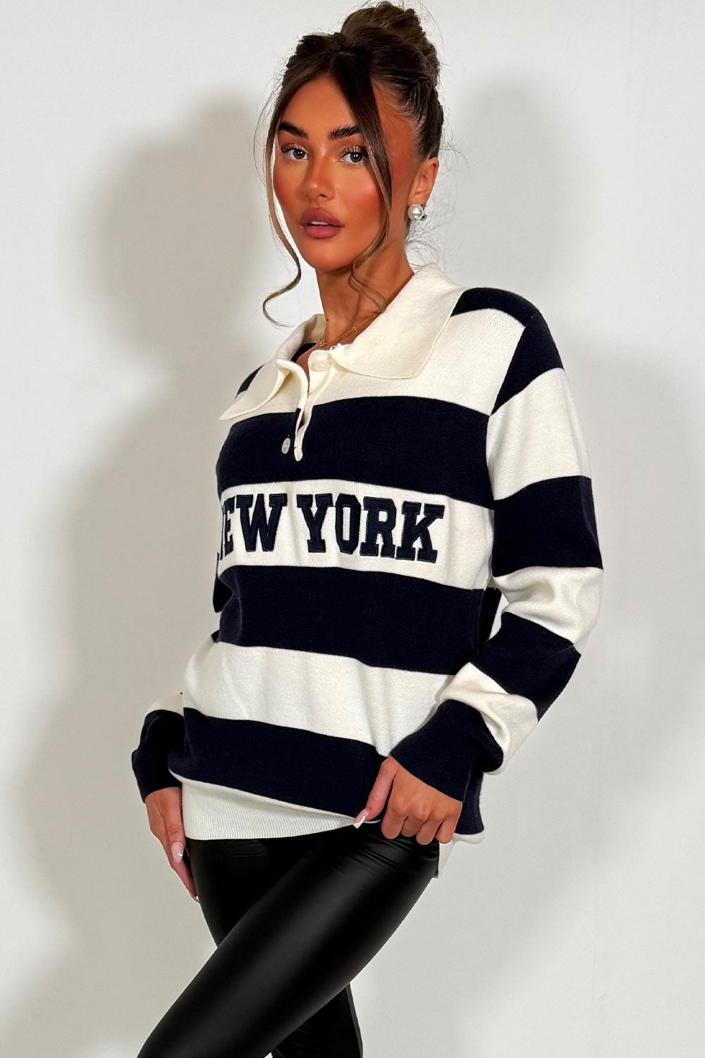 Knitted Stripy Jumper with New York Slogan Navy | Xtralitty