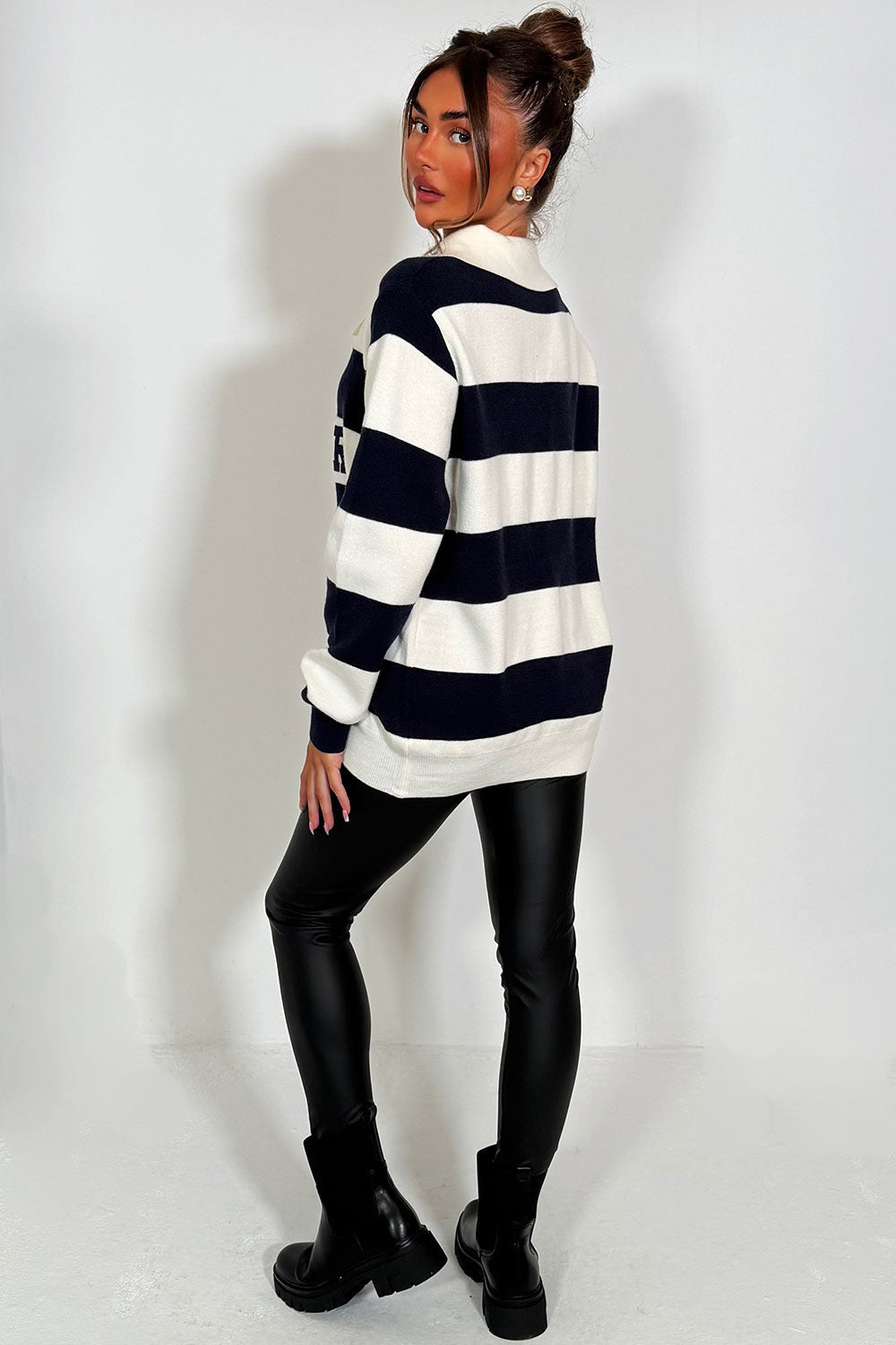 Knitted Stripy Jumper with New York Slogan Navy | Xtralitty