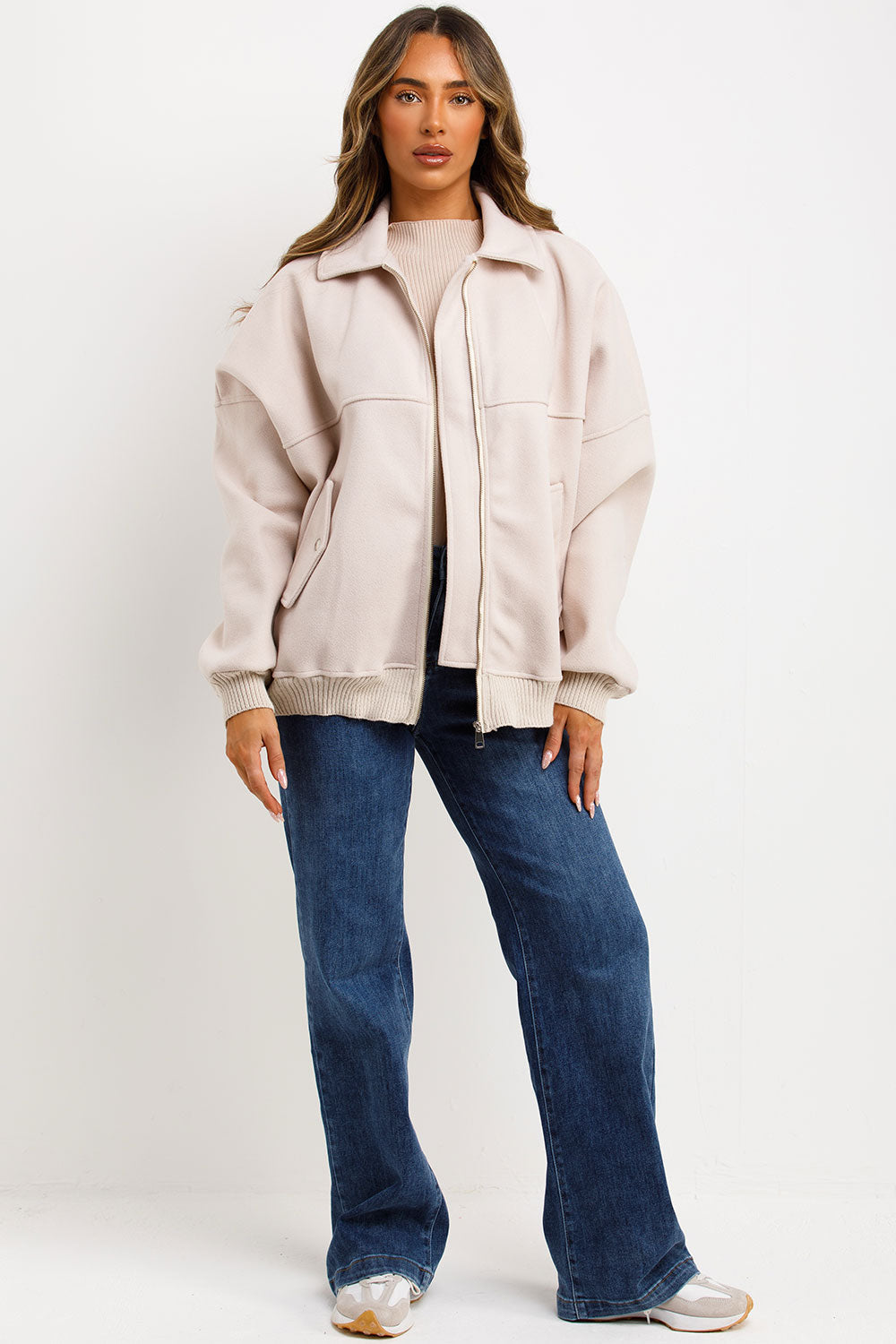 Soft Oversize Bomber Jacket with Collar Beige | Xtralitty