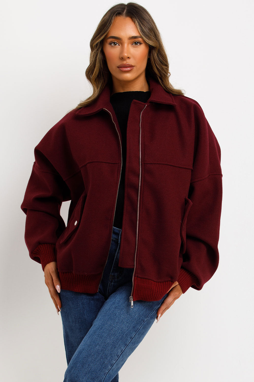 Soft Oversize Bomber Jacket with Collar Burgundy | Xtralitty