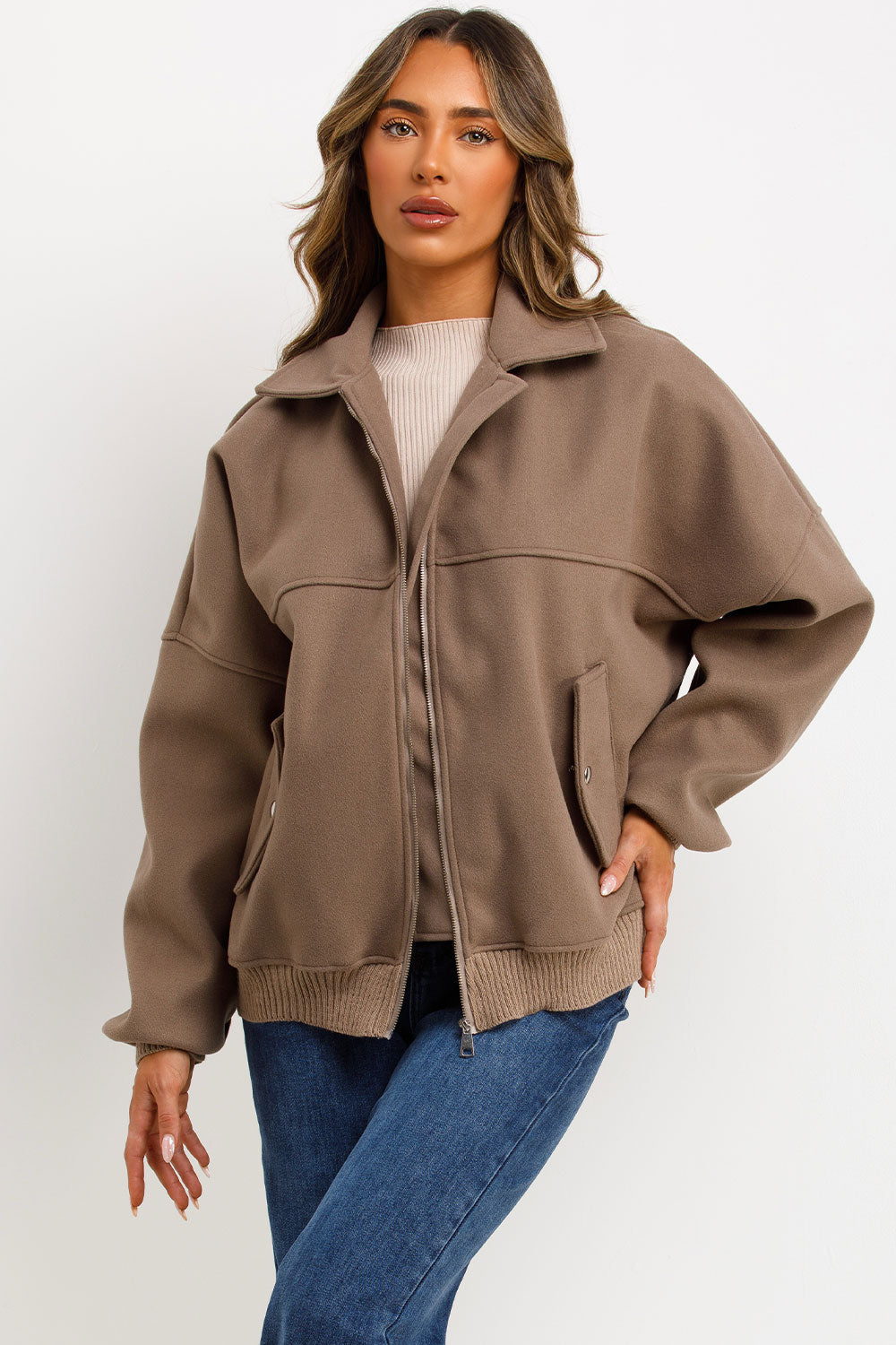 Soft Oversize Bomber Jacket with Collar Taupe | Xtralitty