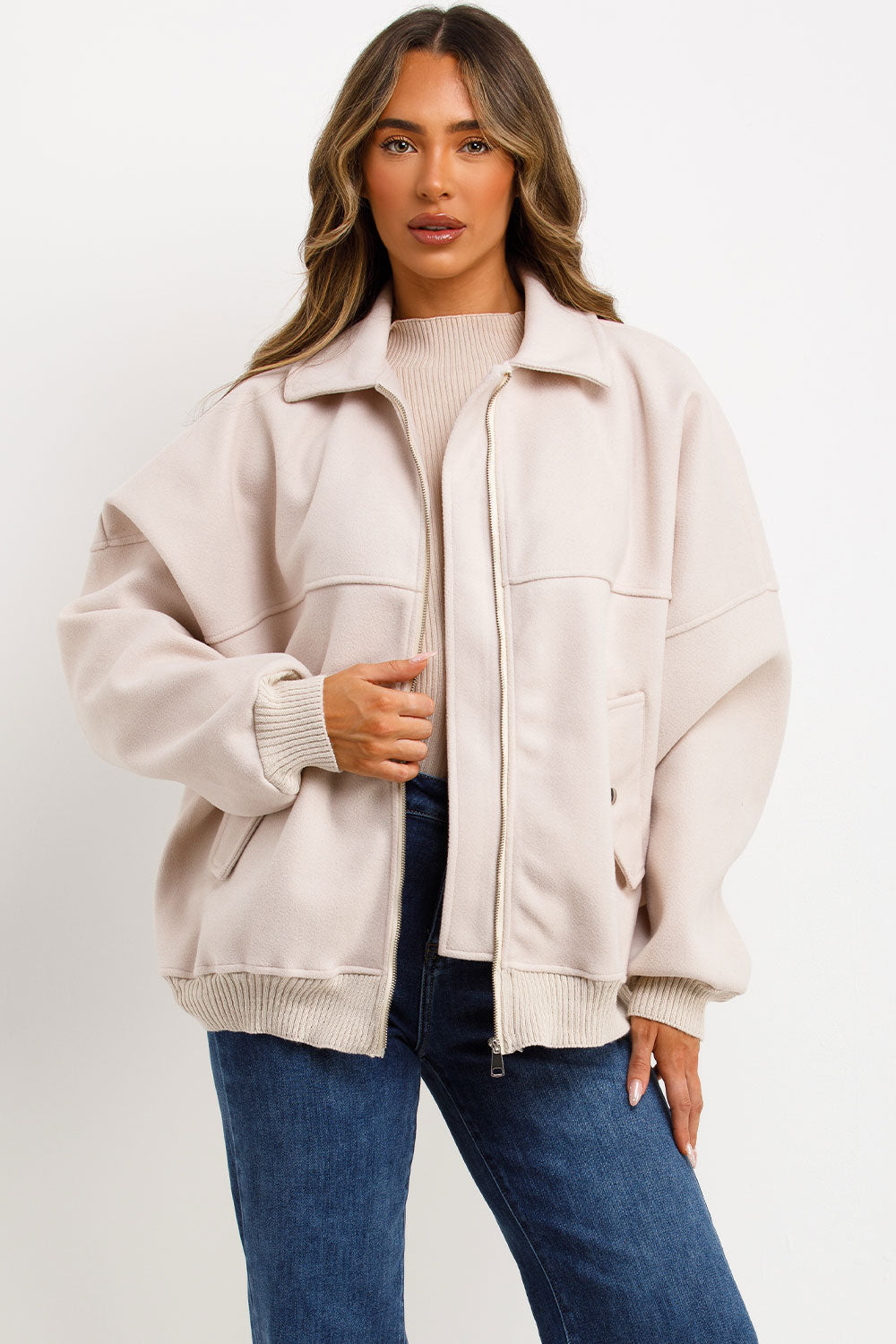 Soft Oversize Bomber Jacket with Collar Beige | Xtralitty