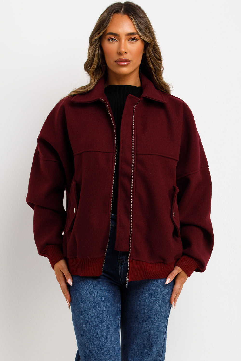 Soft Oversize Bomber Jacket with Collar Burgundy | Xtralitty