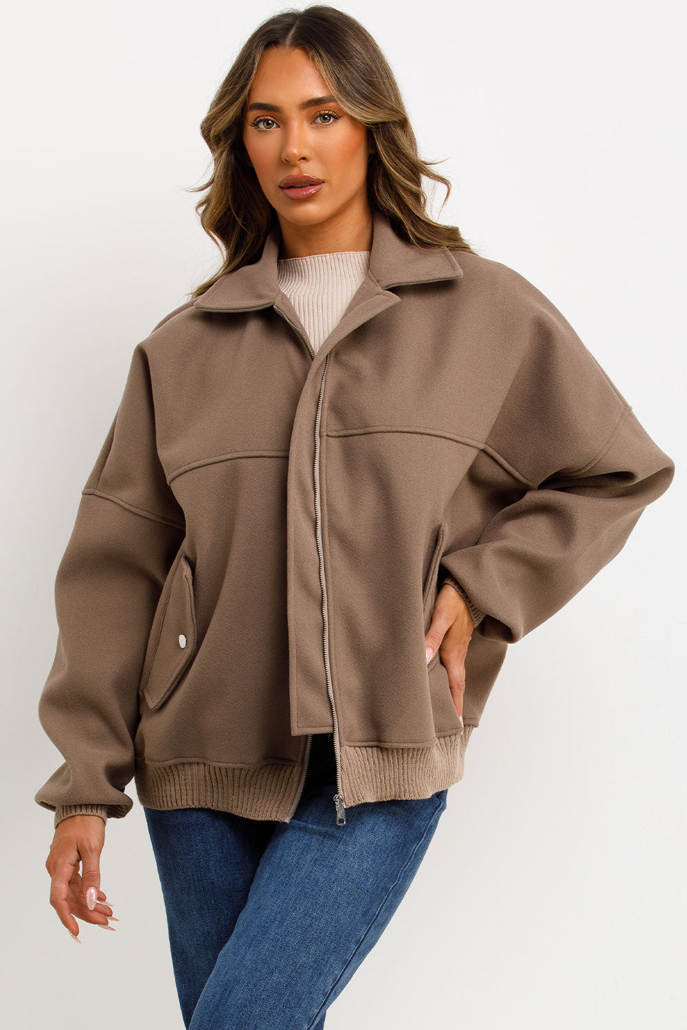 Soft Oversize Bomber Jacket with Collar Taupe | Xtralitty