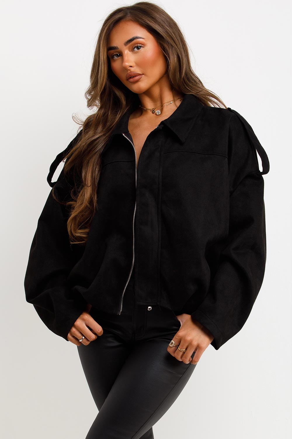 Faux Suede Bomber Jacket with Tabs Black | Xtralitty