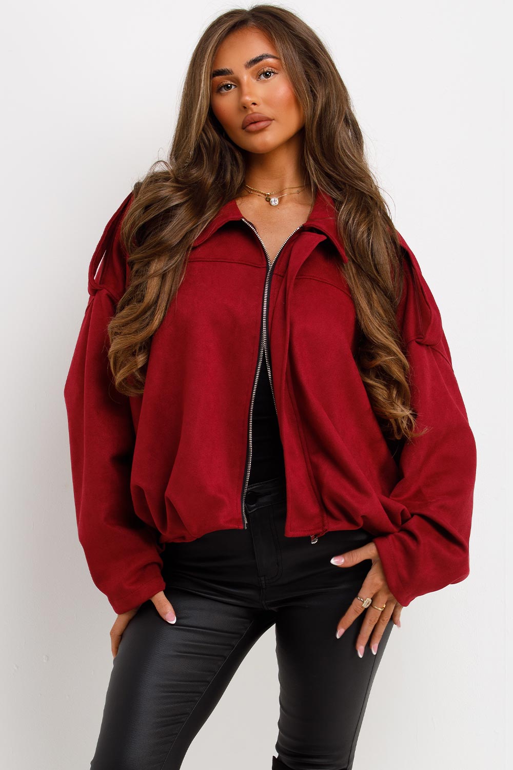 Faux Suede Bomber Jacket with Tabs Burgundy | Xtralitty
