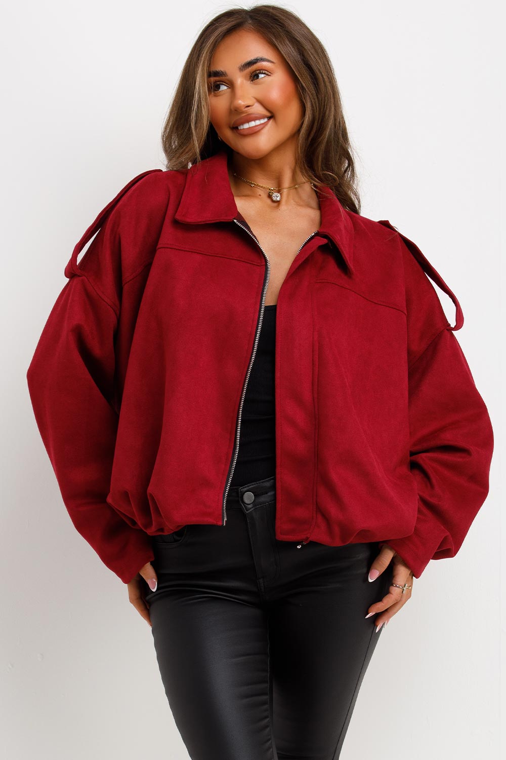 Faux Suede Bomber Jacket with Tabs Burgundy | Xtralitty