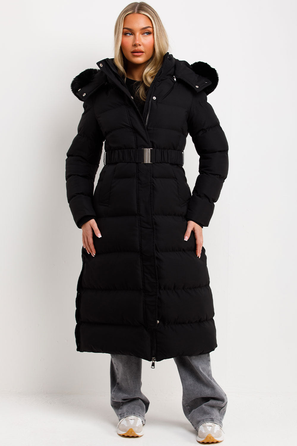 Long Puffer Coat with Faux Fur Hood and Belt Bla | Xtralitty