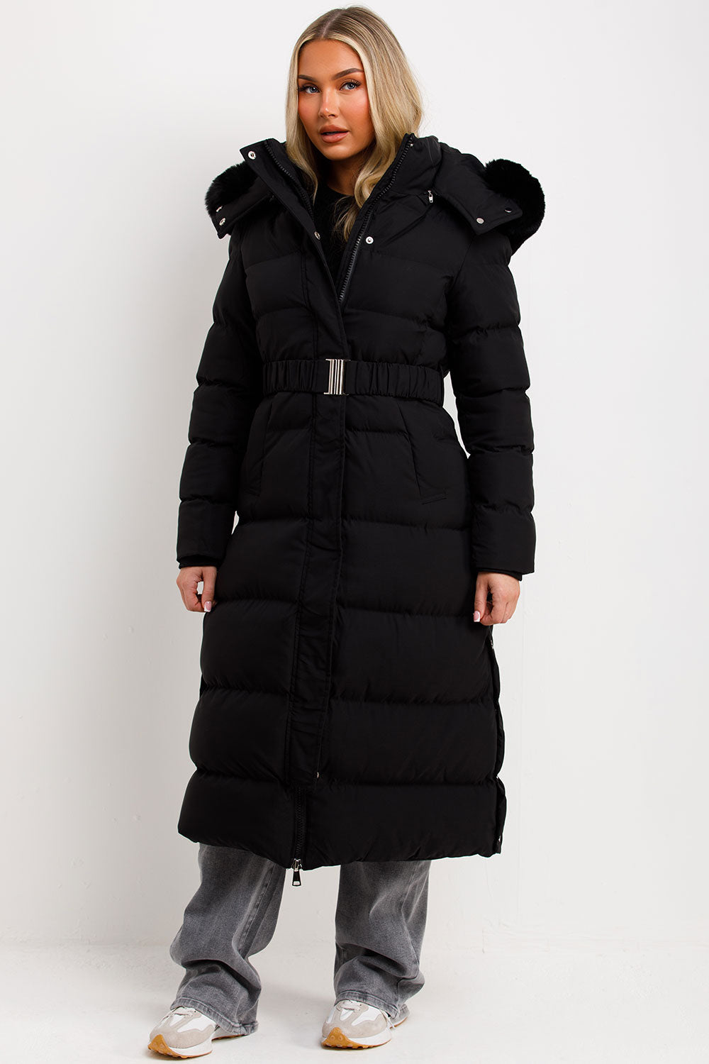 Long Puffer Coat with Faux Fur Hood and Belt Bla | Xtralitty