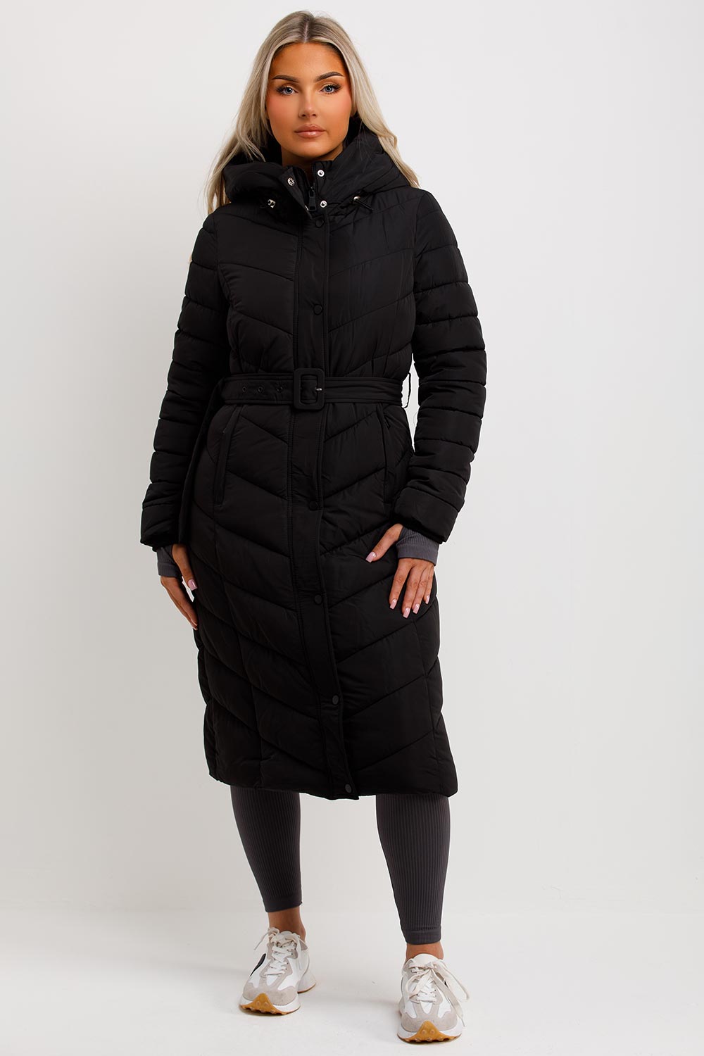 Long Padded Puffer Coat with Belt Black | Xtralitty