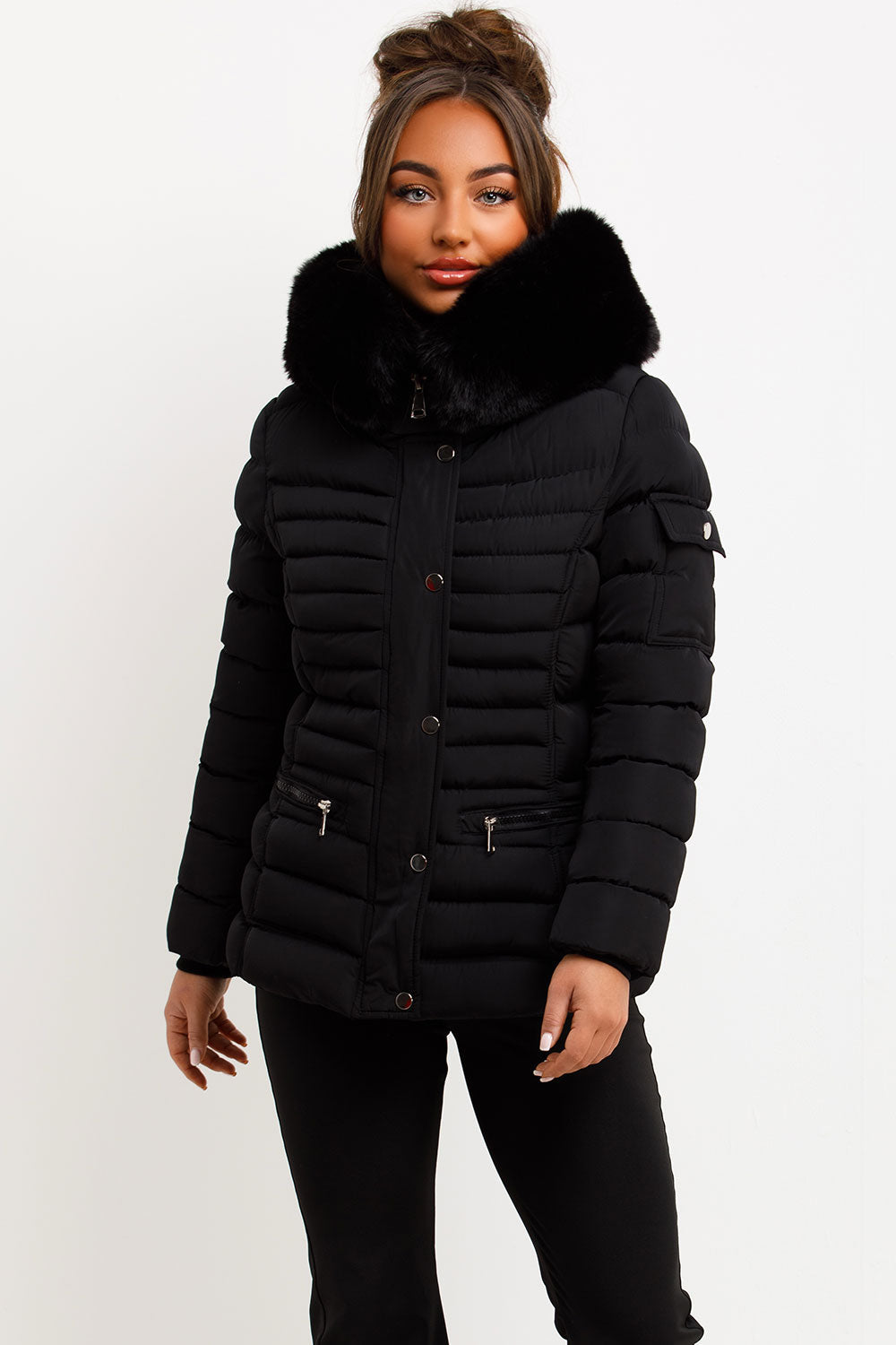 Puffer Jacket with Faux Fur Hood Side Buckle Det | Xtralitty