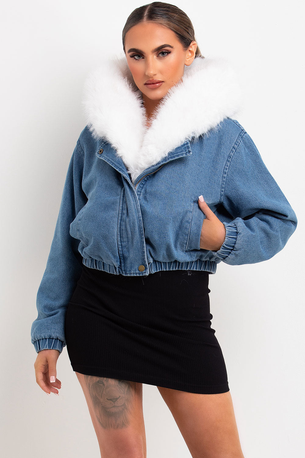 Denim Bomber Jacket with White Faux Fur Hood and | Xtralitty