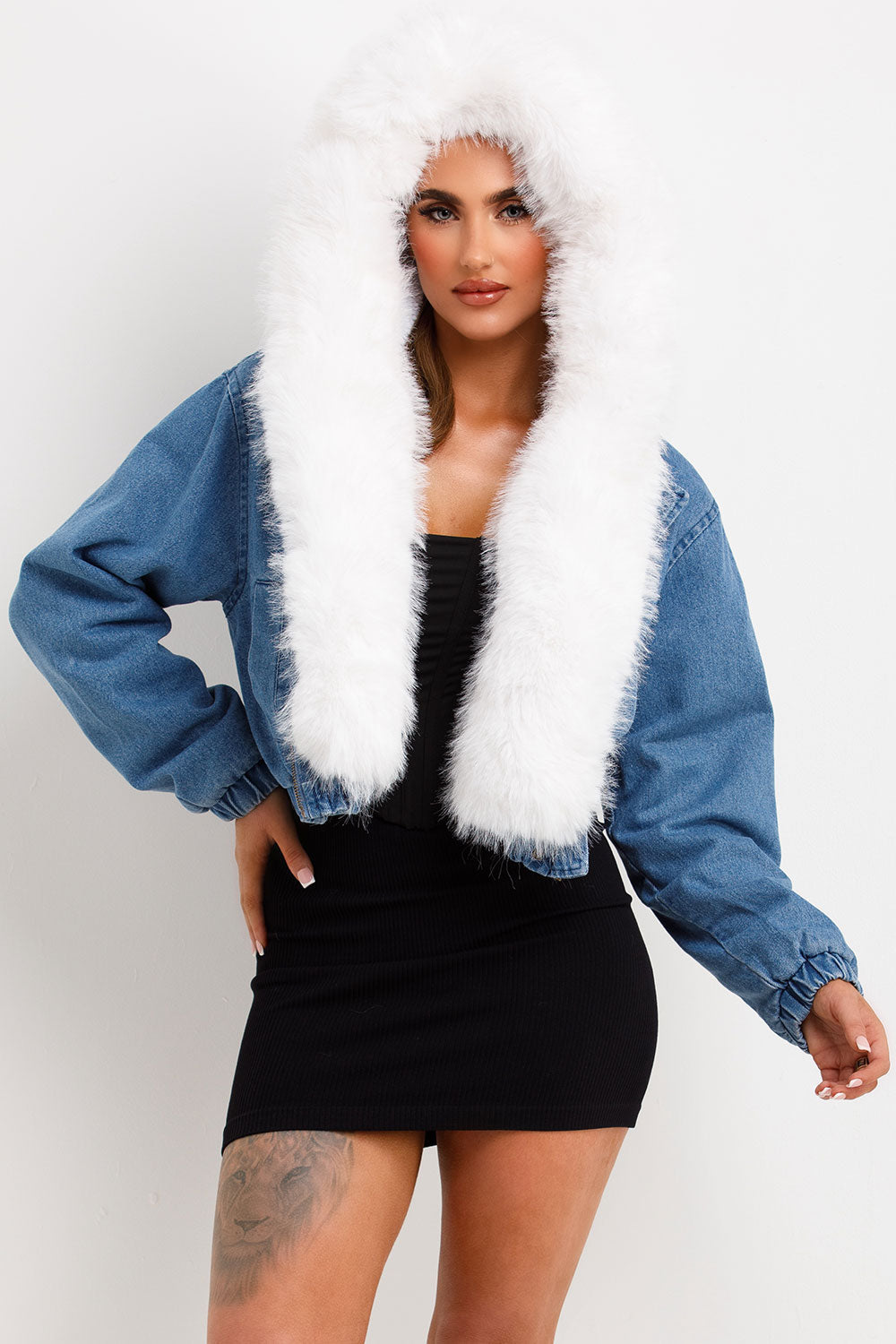 Denim Bomber Jacket with White Faux Fur Hood and | Xtralitty