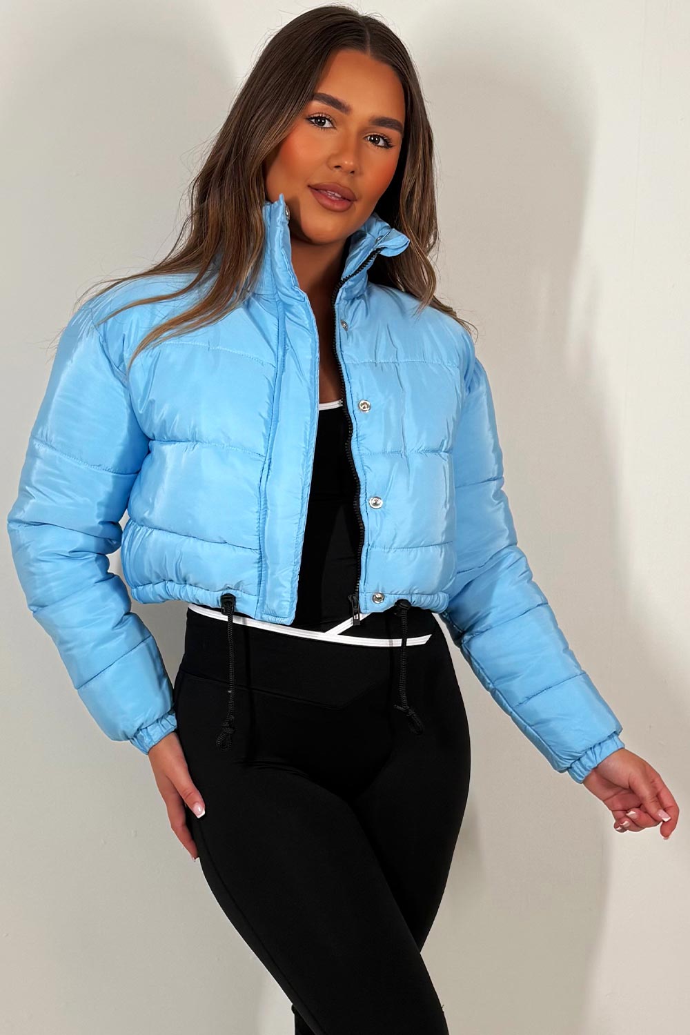 Crop Puffer Jacket with Drawstring Hem Sky Blue | Xtralitty