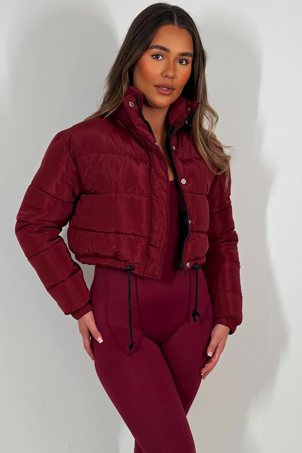 Crop Puffer Jacket with Drawstring Hem Burgundy | Xtralitty