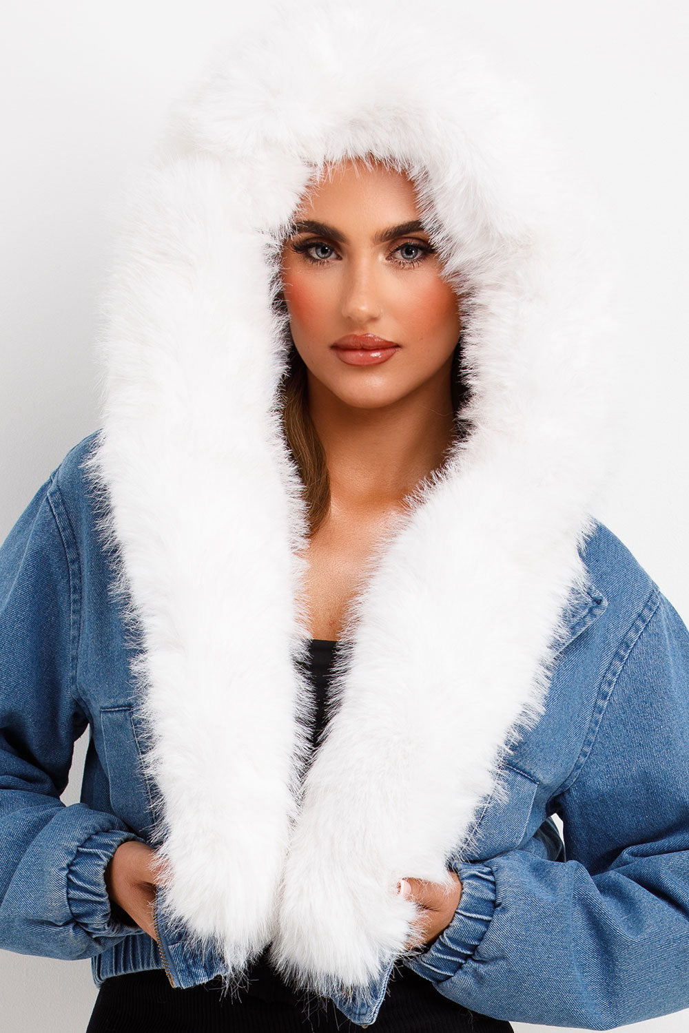 Denim Bomber Jacket with White Faux Fur Hood and | Xtralitty