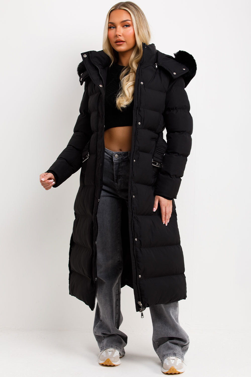 Long Puffer Coat with Faux Fur Hood and Belt Bla | Xtralitty